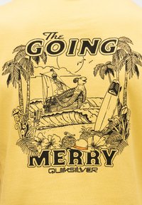 Τροπική παραλία με φοίνικες, κύματα, ιστιοφόρο, σανίδα σερφ, τροπικά φρούτα και το κείμενο «The Going Merry» και «Quiksilver».