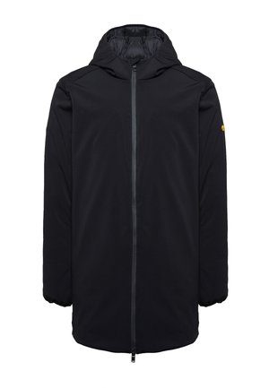 Giacca nera con cappuccio e zip frontale, realizzata in materiale liscio, con polsini elasticizzati e un logo discreto sulla manica.
