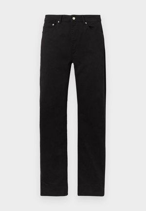 Zwarte katoenen jeans met een recht gesneden ontwerp, voorzien van vijf zakken, een rits en zilverkleurige hardware. Soepele textuur, zonder patronen.