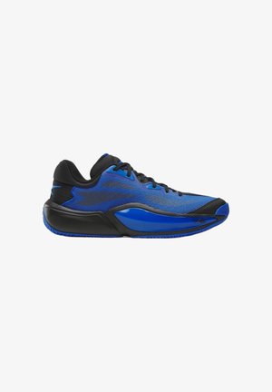 Blauer und schwarzer Sportschuh mit Mesh-Gewebe, schwarzen Schnürsenkeln, dicker Sohle und dezentem Logo an der Seite, gezeigt im linken Profil.