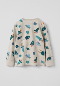 Hellbeige langärmliges Shirt mit einem weltraumthematischen Druck, der Raketen, Planeten und Ufos in Türkis, Blau und Orange zeigt. Weicher Stoff.