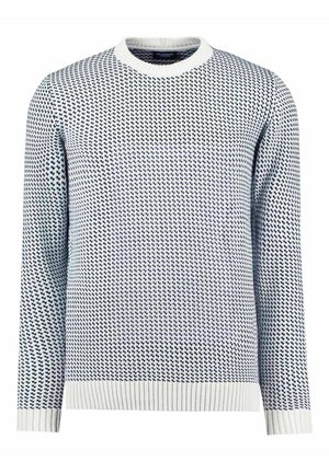 Megztinis balto ir tamsiai mėlyno atspalvio, su tekstūriniu mažų širdelių raštu, apvalia iškirpte ir elastingais rankogaliais bei apačia.