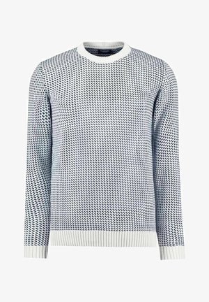 Neulepaita valkoisena ja tummansinisena, jossa on teksturoitu kuvio pienistä sydämistä, pyöreä kaula-aukko sekä joustinneuleiset hihat ja helma.