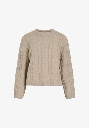 Beige kabelstrikket genser med rund hals og lange ermer. Teksturert mønster gjennom hele genseren og kort passform. Mykt, ullaktig materiale.