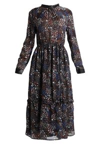 Robe maxi noire à manches longues avec imprimé floral multicolore, taille froncée, ourlet volanté, col et poignets noirs.