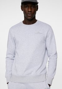 Ljusgrå crewneck sweatshirt i bomullsblandning. Har ribbade muddars och nederkant. Litet grönt logotyp på bröstet. Slät textur.