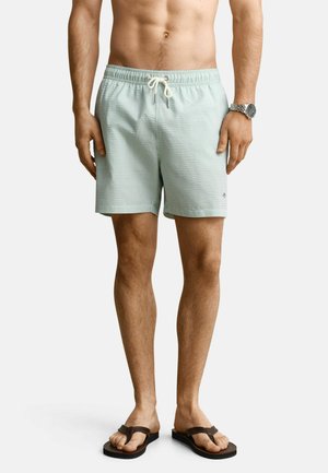 Man draagt lichtgroene textuur zwembroek met witte trekkoord, zilveren polshorloge en zwarte teenslippers, staand tegen een witte achtergrond.