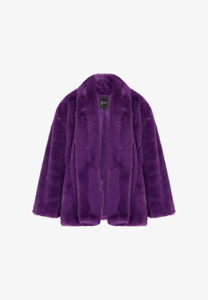 Purple faux fur coat with open front and wide collar, showing smooth inner lining and a black label near the neck.