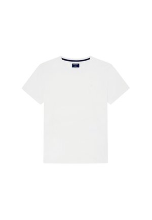 Weißes Baumwoll-T-Shirt mit Rundhalsausschnitt und kurzen Ärmeln. Besitzt ein kleines navy Logo auf der Brust. Glatte Textur, schlichtes Design.