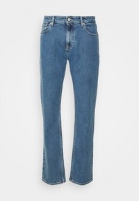 Högmidjade blå denimjeans med rak benstil, med knappknäppning framtill, bälteshällor och minimal svitning.