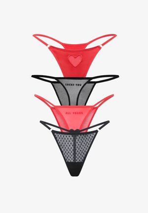Cuatro tangas de mujer en rojo y negro, con tela de malla y tela sólida, con detalles de corazones y textos "SUERTE PARA TI" y "TODO TUYO".