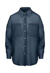 Camicia button-up a maniche lunghe di colore blu scuro, realizzata in un tessuto leggermente stropicciato. Presenta due tasche frontali e un colletto classico.