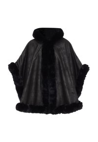 Schwarzer, gefütterter Umhang mit einer glatten, weichen Textur, der einen hohen Kragen und fransige Kanten aufweist. Eleganter Fall, der Wärme und Schutz bietet.