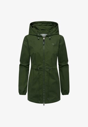 Grüne Kapuzenjacke mit einem Frontreißverschluss, verstellbarem Kordelzug in der Taille, elastischen Bündchen und einer glatten, matten Textur. Mit einem Logo auf der Brust.