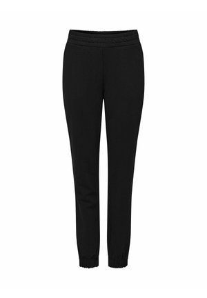 Czarne dresy z elastycznym paskiem w talii, zwężającą się nogawką i ściągaczami na kostkach. Wykonane z miękkiego, rozciągliwego materiału.