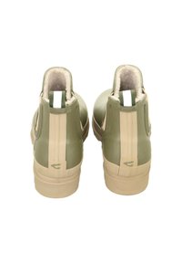 Grüne und beige Knöchelstiefel aus glattem Kunststoffmaterial, mit zweifarbigen Design, elastischen Seitenpaneelen und einem weichen Innenfutter.