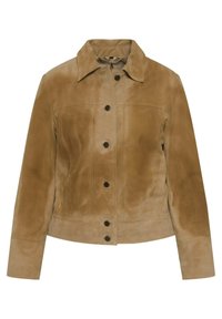 Brun mockaim jacket med krage, knappframslutning och sömdetaljer. Har en figurnära design och sl�ät textur.