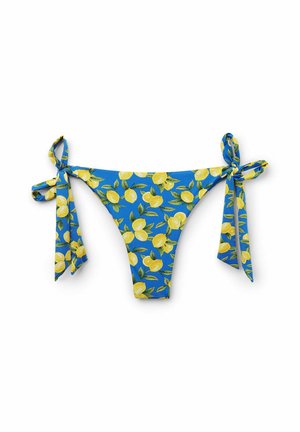 Bikini onderkant van blauwe stof met een citroenenpatroon, met gestrikte zijkanten en een naadloos ontwerp, geschikt voor strand- of zwembadkleding.