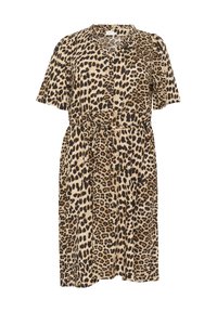 Leopardenmuster Hemdblusenkleid mit kurzen Ärmeln und Gürtel in Taillenhöhe, knielang, in Beige-, Braun- und Schwarztönen.