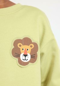 Bambino che indossa una maglietta verde chiaro con una toppa di un volto di leone cartone marrone, arancione e bianco sul petto.