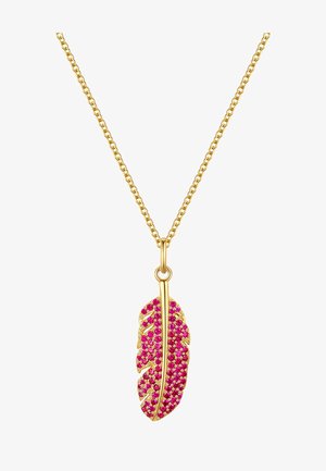 Collier en or avec un pendentif en forme de plume incrusté de pierres précieuses roses, orné de motifs de veines de feuille et d'une finition polie.
