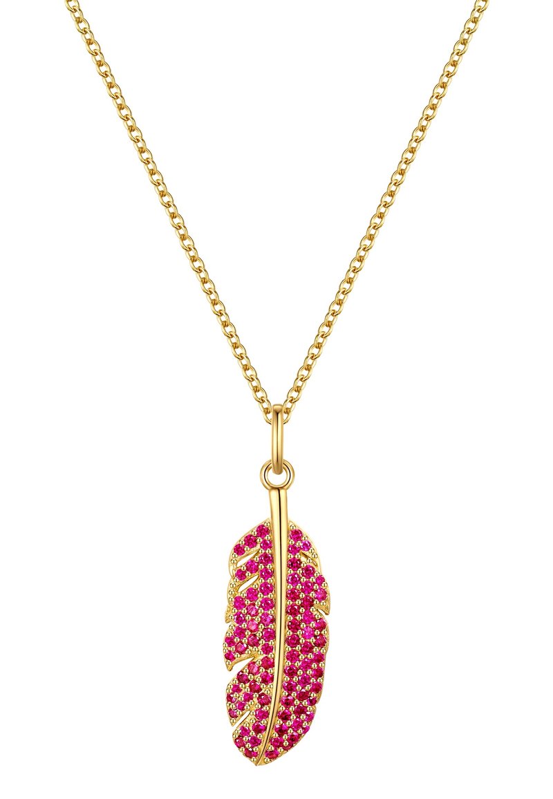 Guldhalskæde med en fjerformet vedhæng, besat med pink ædelsten, detaljeret med bladvener og en poleret finish.