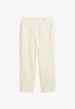 Light beige cotton trousers with a straight fit, front pockets, and a button closure at the waist. Smooth texture, no patterns.