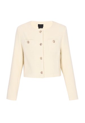 Jachetă scurtă texturată, de culoare crem, cu mâneci lungi, guler rotund, cinci nasturi în față și două buzunare cu nasturi pe piept.