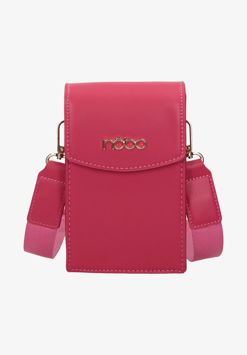 Bolso cruzado de cuero sintético rosa con logo dorado, cierre magnético, correa ajustable y textura suave. Presenta una forma rectangular.