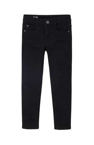 Slim-fit black jeans made from denim. Features five-pocket design, metal button closure, and subtle stitching on the waistband and pockets.