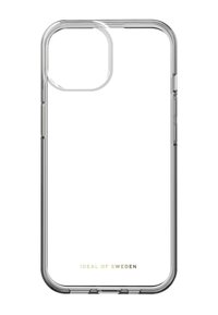 Klar plastdeksel til telefon med avrundet kantdesign. Har en trykt logo nederst. Glatt tekstur og lett konstruksjon.