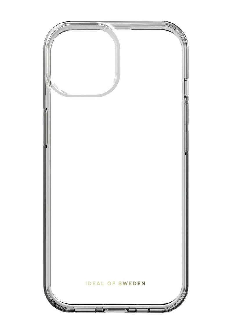 Klar plastdeksel til telefon med avrundet kantdesign. Har en trykt logo nederst. Glatt tekstur og lett konstruksjon.