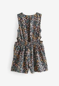 Blumiger Jumpsuit mit einem dunklen Marineblau-Hintergrund, rosa und gelben Blumen, elastischem Bund und ärmellosem Design.