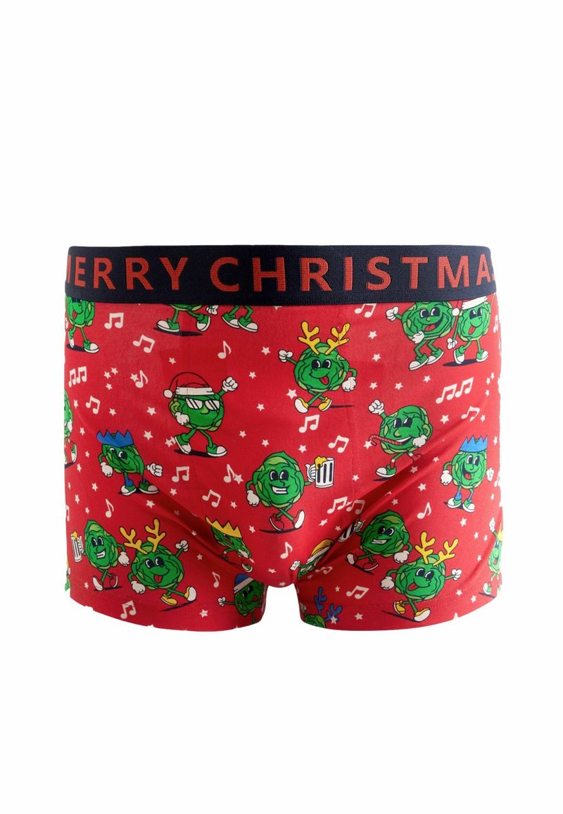 Červené boxerky s hravým vzorom zelených kreslených postavičiek s vianočnými doplnkami. Čierny pás s nápisom "MERRY CHRISTMAS".