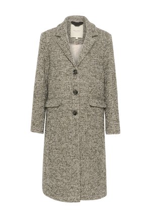 Gray and white houndstooth coat with a collared neckline, three buttons, two front pockets, and a straight cut at knee length.