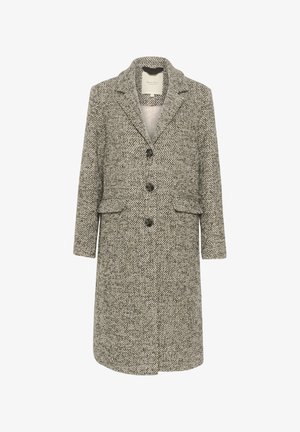 Grå og hvid houndstooth-frakke med krave, tre knapper, to forlommer og lige skæring ved knælængde.