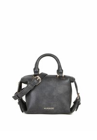 Sorth leather håndtaske med en struktureret form, korte håndtag og en aftagelig rem. Har guldtonet branding og accenter.
