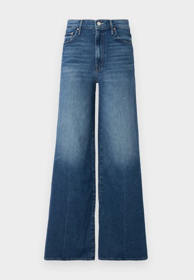Wide-leg denim jeans in medium blue with a faded gradient. Features a high waist, five pockets, and a button closure. Soft texture.