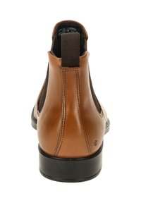 Stivali Chelsea in pelle cuoio con finitura liscia, pannelli laterali elasticizzati e suola in gomma nera. Presenta dettagli di cucitura sul retro e sui lati.