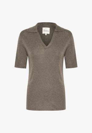 Korte mouwen, V-hals trui van gestructureerd donkerbruin breiwerk met een kraag, voorzien van een label aan de binnenkant. Eenvoudig en strak ontwerp.