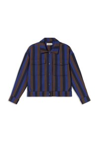 Giacca a righe con tonalità di blu, marrone e nero. Presenta un collo a camicia, due tasche frontali e chiusure a bottoni. Tessuto testurizzato.