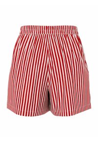 Shorts à taille élastique rayés verticalement rouges et blancs avec une coupe décontractée.