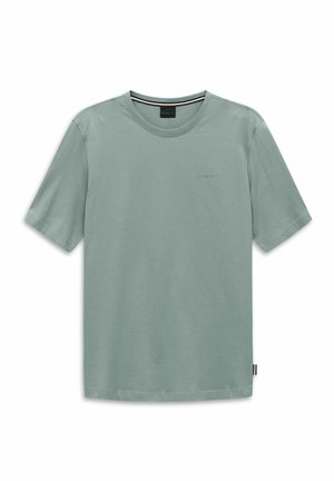 Light green short-sleeve crew neck T-shirt with subtle "bugatti" logo on the chest and a small tag on the bottom hem.
