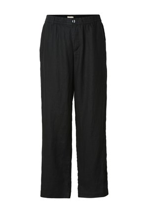 Zwarte broek met rechte pijpen, elastische tailleband, voorzijde met knoop en ritssluiting, gemaakt van lichtgewicht stof.