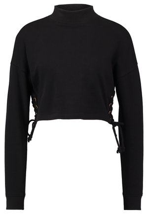 Černá zkrácená mikina s vysokým výstřihem, na bocích ji zdobí šněrování s kovovými očky a stahovacími šňůrkami pro nastavitelnost. Dlouhé rukávy.