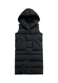 Gilet imbottito nero senza maniche con ampio cappuccio, tasche frontali diagonali e chiusura asimmetrica con bottoni a pressione, mostrato steso su sfondo bianco.