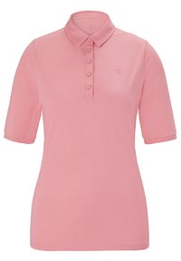 Polo rose à manches courtes avec col, patte de boutonnage à cinq boutons et petit logo brodé sur la poitrine. Texture lisse, design décontracté.