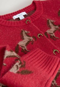 Roter Strickpullover mit Pferdemotiven in Braun und Beige, mit gerippten Bündchen und dekorativen goldenen Hufeisenknöpfen.