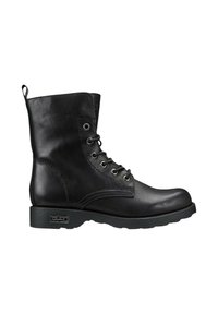 Stivale alla caviglia in pelle nera con lacci, punta rotonda, suola spessa e occhielli in argento. Presenta un design cucito e un'estraibile sul retro.