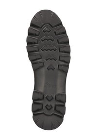 Zwarte rubberen zool met diepe profielpatronen en groeven. Beschikt over een verhoogd middenstuk en een logo dat vlakbij de hiel is geperst.